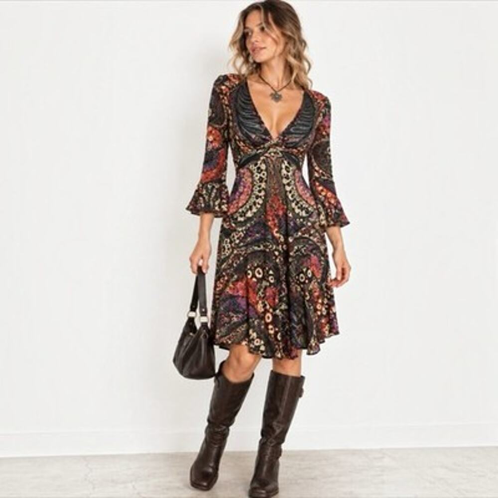 Vintage Betsey Johnson Dress Y2K Abstract Paisley Bell Sleeve Whimsigoth Size 6